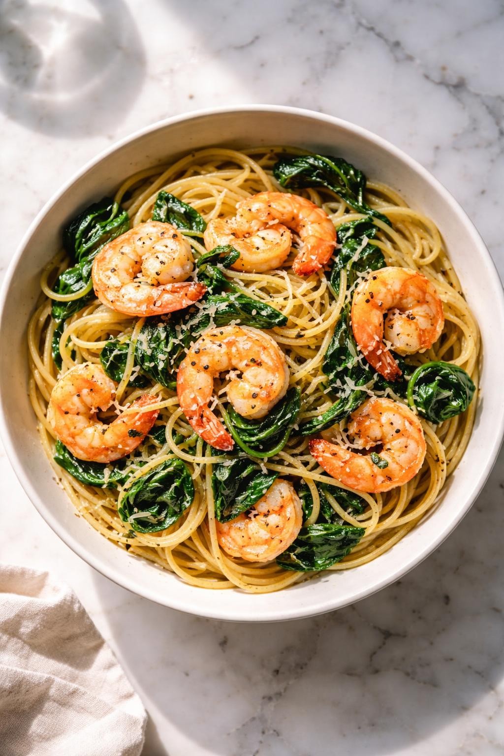 Image Prompt: Realistic top-down editorial food photography of Italian shrimp and spinach pasta in a bowl on a white marble countertop, pasta tossed with shrimp, wilted spinach, garlic, olive oil, parmesan, and cracked black pepper, bright natural daylight, simple homemade dinner mood, no people, no hands, no text, no watermarks, no props with writing.
