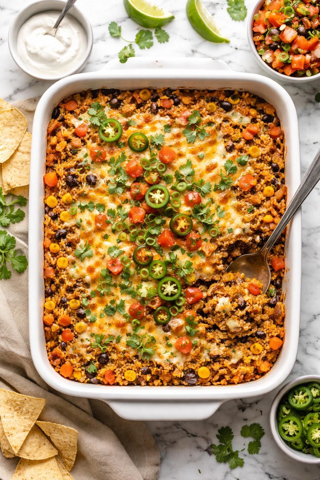 An overheard picture view of a plate of Mexican Rice Casserole sitting on a marble countertop table in the kitchen, professional food photography style.