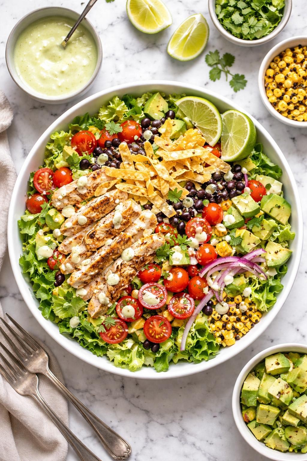 An overheard picture view of a plate of Quick Southwest Salad with Lime Dressing sitting on a marble countertop table in the kitchen, professional food photography style.