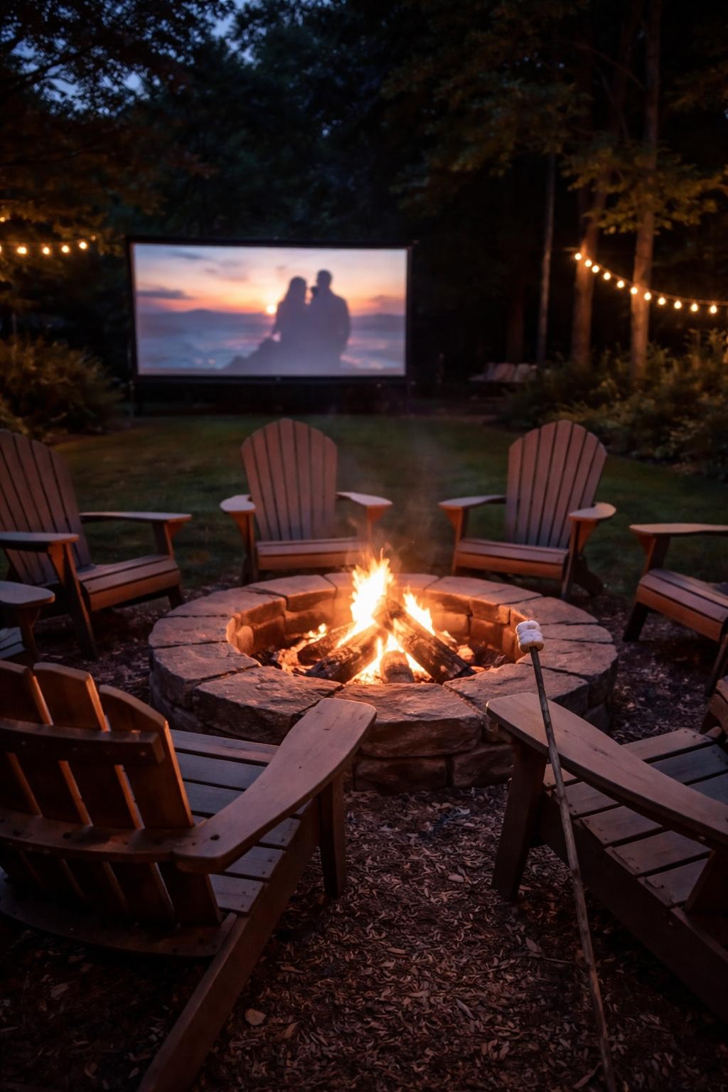 Photo of a backyard with a movie screen in the distance and a fire pit with chairs in a semicircle facing it, wide view at night, warm firelight and screen glow, containing a marshmallow roasting stick leaning against a chair, iPhone photo quality.