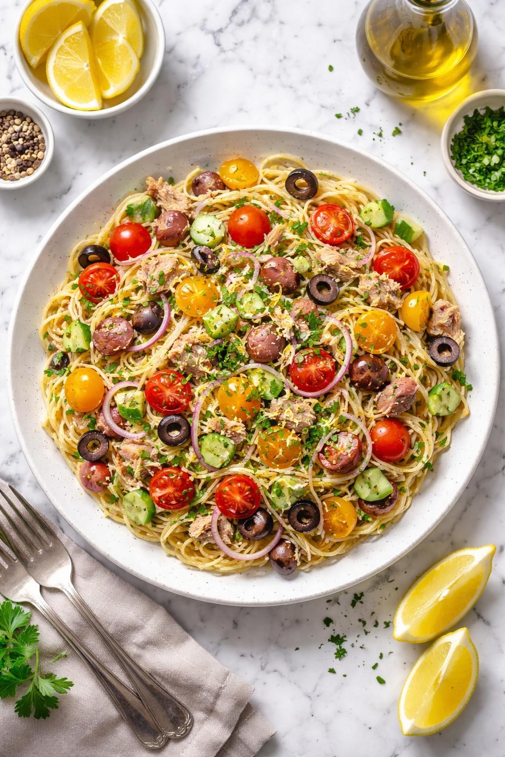 An overheard picture view of a plate of Cold Spaghetti Salad with Tuna   sitting on a marble countertop table in the kitchen, professional food photography style.
