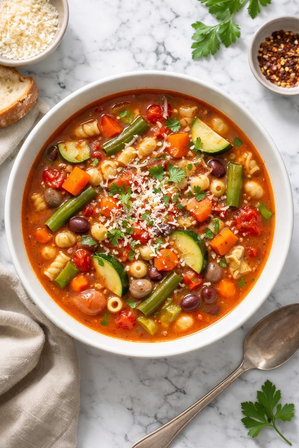 Image Prompt: Realistic top-down editorial food photography of a bowl of light copycat minestrone soup on a clean white and gray marble countertop, filled with pasta, carrots, celery, zucchini, green beans, tomatoes, and beans in a brothy tomato base, warm homemade Olive Garden style soup mood, bright natural window light, soft shadows, clean composition, high detail, realistic texture, no people, no hands, no text, no watermarks, no props with writing.