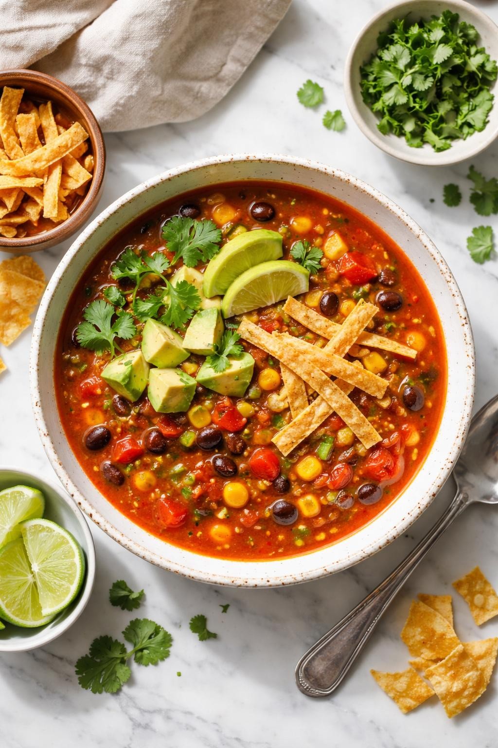 Image Prompt: Realistic top-down editorial food photography of vegan tortilla soup in a rustic white bowl on a white marble countertop, rich red broth filled with black beans, corn, tomatoes, and peppers, topped with avocado, cilantro, lime wedges, and crispy tortilla strips, cozy homemade Mexican soup styling, natural daylight, soft shadows, clean editorial composition, high detail, realistic texture, no people, no hands, no text, no watermarks, no props with writing.