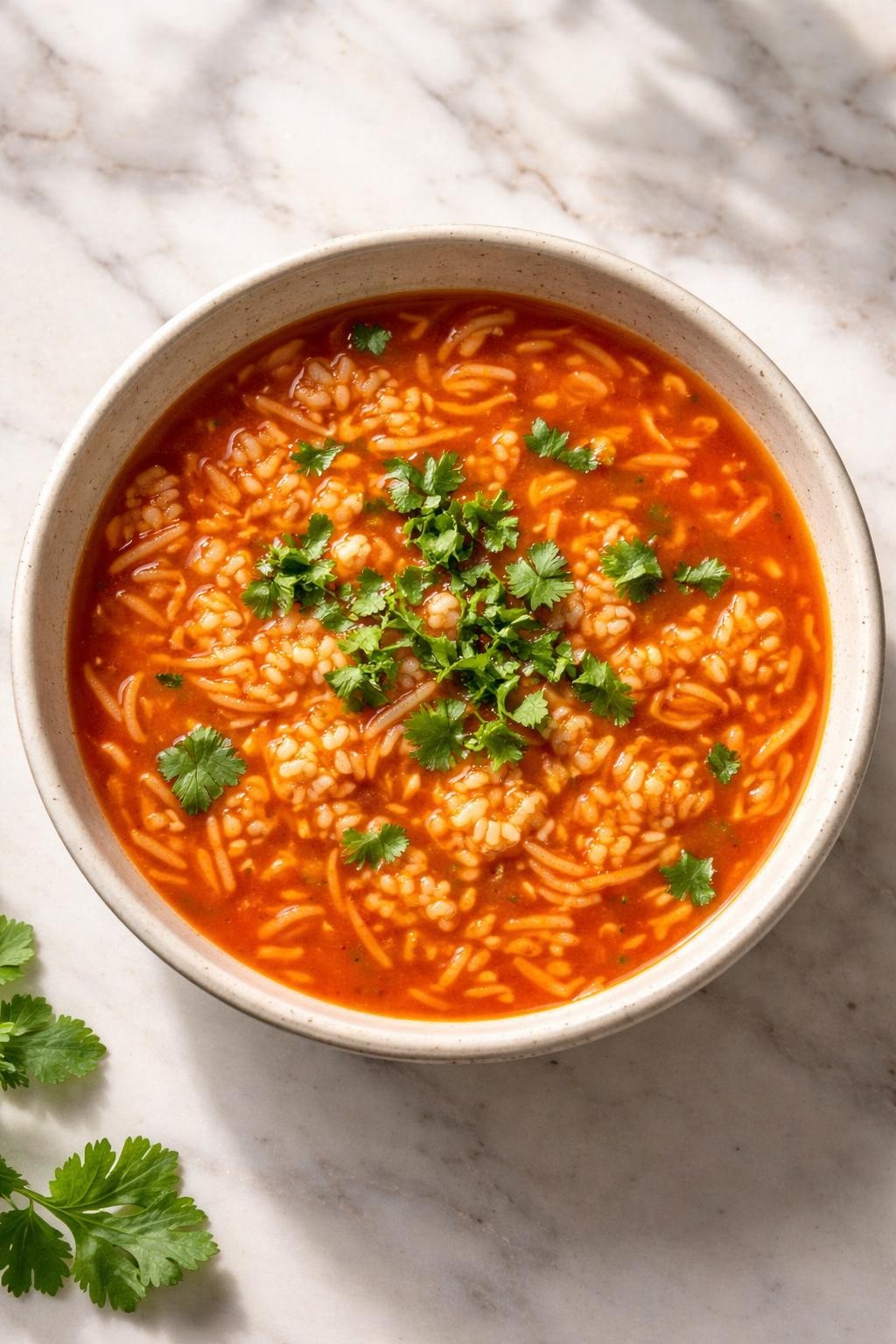 Image Prompt: Realistic top-down editorial food photography of Mexican sopita with rice and pasta in a bowl on a clean marble countertop, small pasta and white rice in a red tomato broth with cilantro garnish, warm natural daylight, comforting homemade soup feel, no people, no hands, no text, no watermarks, no props with writing.