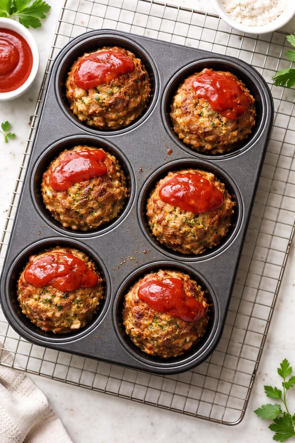 Photo prompt: Realistic top-down editorial food photography of a muffin tin with six individual meatloaves. Each meatloaf is golden-brown on top with a small swipe of ketchup glaze. Inside texture shows shredded zucchini. A cooling rack underneath. Bright natural light, portion-controlled family meal mood. No people, no hands, no text, no watermarks, no props with writing.