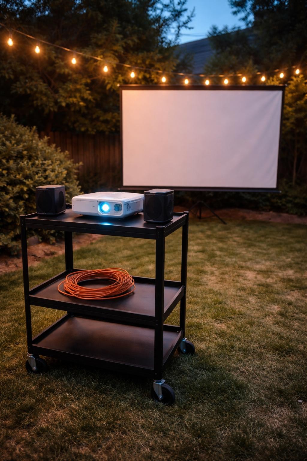 Photo of a backyard with a rolling cart holding a projector and speakers aimed at a screen, corner angle view, setting at dusk, equipment ready to go, containing a coiled extension cord on the cart's lower shelf, iPhone photo quality.