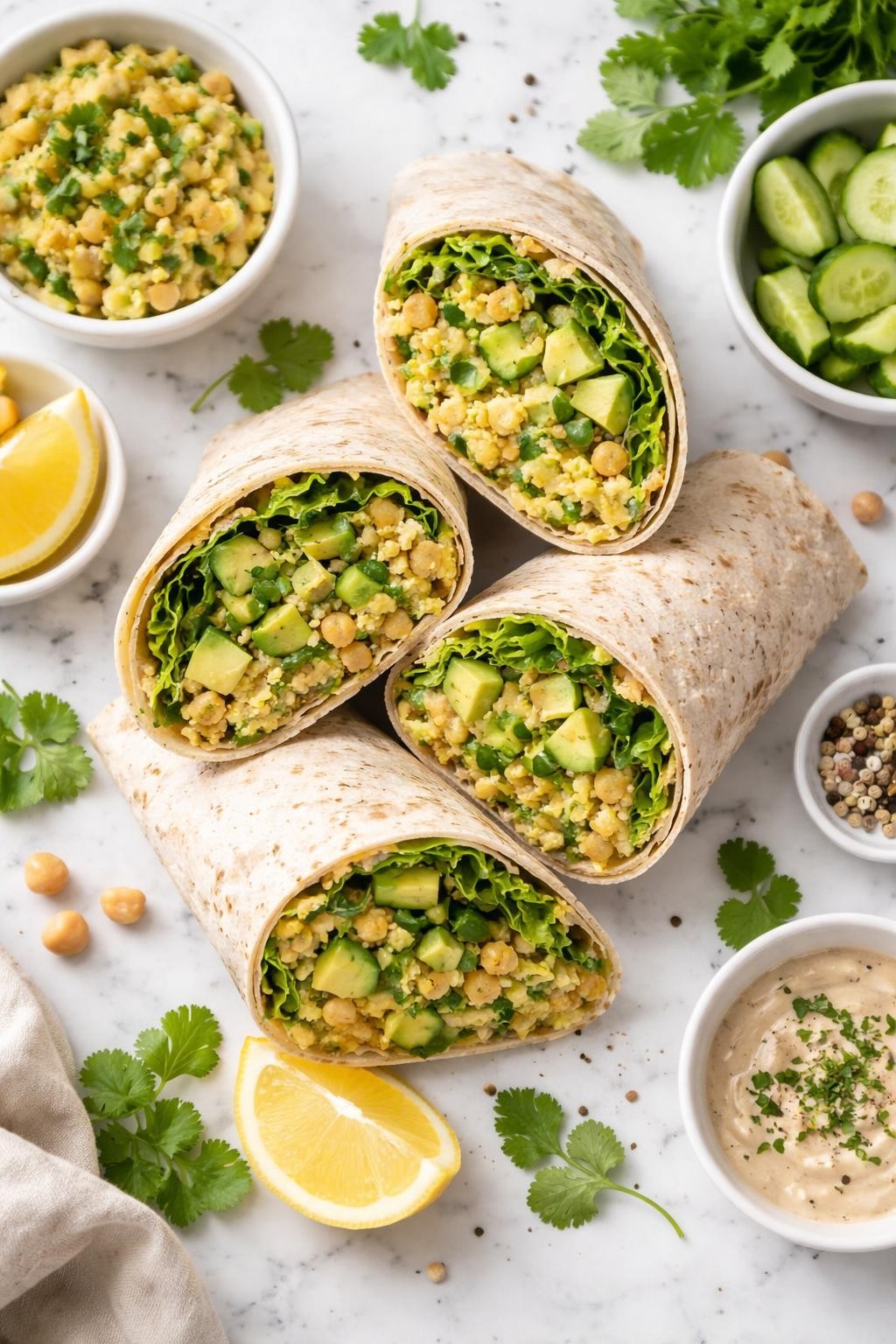 Image Prompt: Top-down realistic food photography of chickpea avocado salad wraps on a bright white marble countertop, soft wraps filled with mashed chickpeas, avocado, lettuce, cucumber, and herbs, cut in half to show the filling, fresh homemade whole food vegan lunch styling, bright natural daylight, clean editorial composition, high detail, no people, no hands, no text, no watermarks, no props with writing.