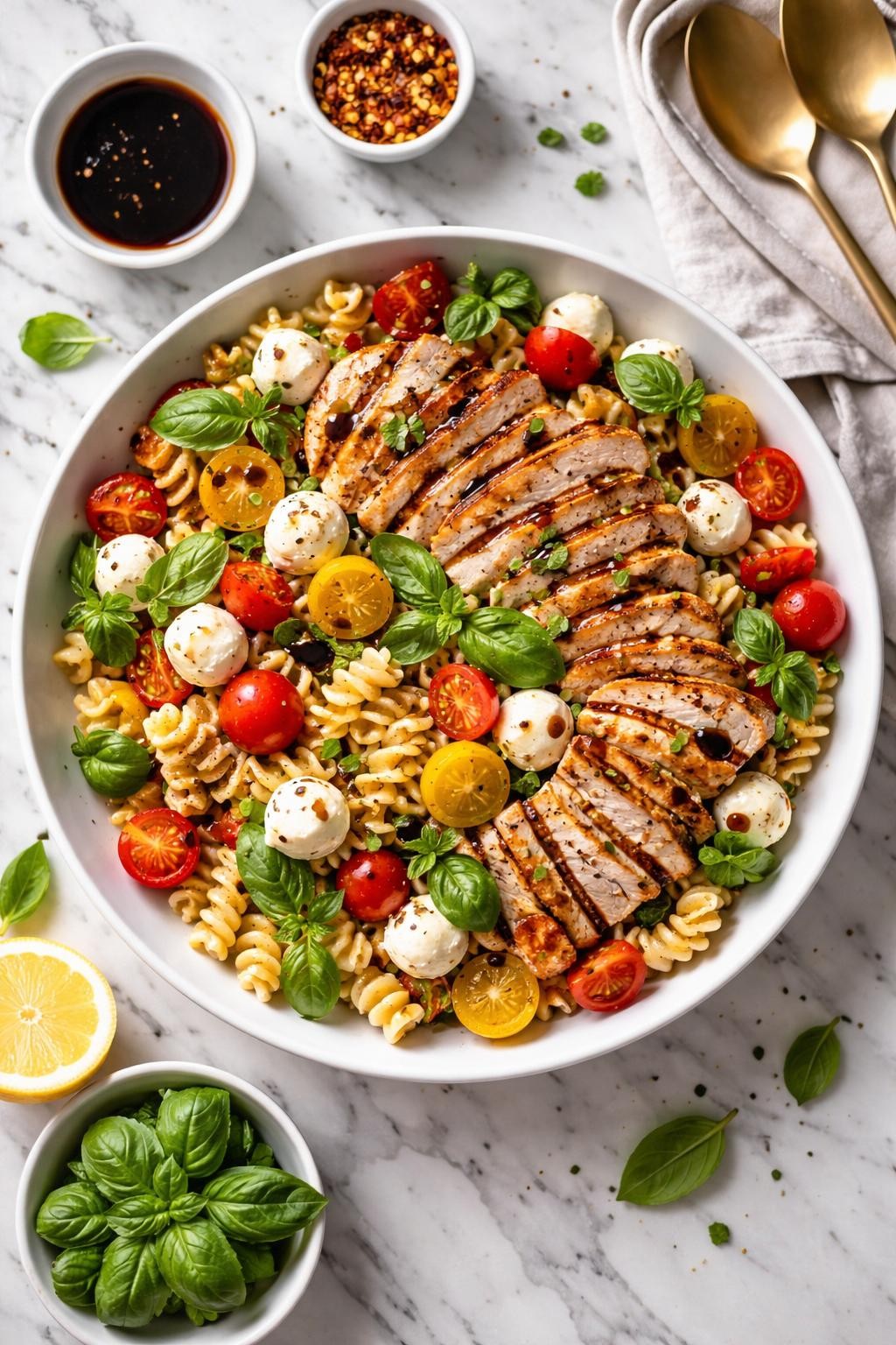 An overheard picture view of a plate of   Grilled Chicken Caprese Pasta Salad sitting on a marble countertop table in the kitchen, professional food photography style.
