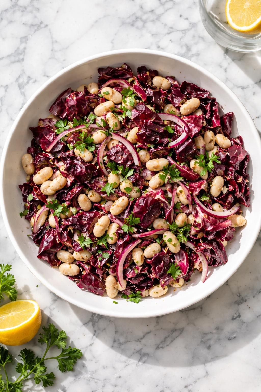Image Prompt: Realistic top-down editorial food photography of a radicchio and white bean salad in a shallow white bowl on a white and gray marble countertop, chopped radicchio with white beans, red onion, parsley, and lemon dressing, bright natural daylight, soft shadows, clean editorial styling, realistic food textures, no people, no hands, no text, no watermarks, no props with writing.