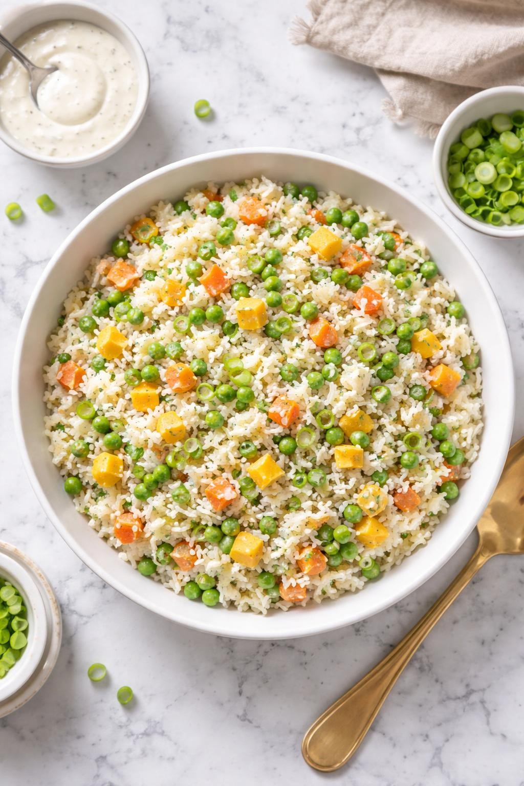 Image Prompt: Realistic top-down editorial food photography of a ranch rice salad in a white bowl on a clean white and gray marble countertop, cold rice mixed with peas, carrots, cheddar cubes, green onions, and creamy ranch dressing, simple homemade lunch styling, bright natural daylight, soft shadows, clean editorial composition, high detail, realistic texture, no people, no hands, no text, no watermarks, no props with writing.