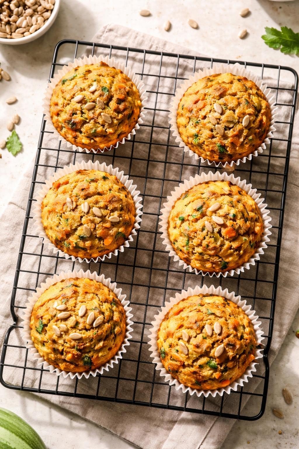 Photo prompt: Realistic top-down editorial food photography of a wire cooling rack with six muffins in paper liners. The muffins are golden-brown with visible green zucchini and orange carrot shreds. A few sunflower seeds on top. Soft morning light, healthy snack or breakfast muffin mood. No people, no hands, no text, no watermarks, no props with writing.