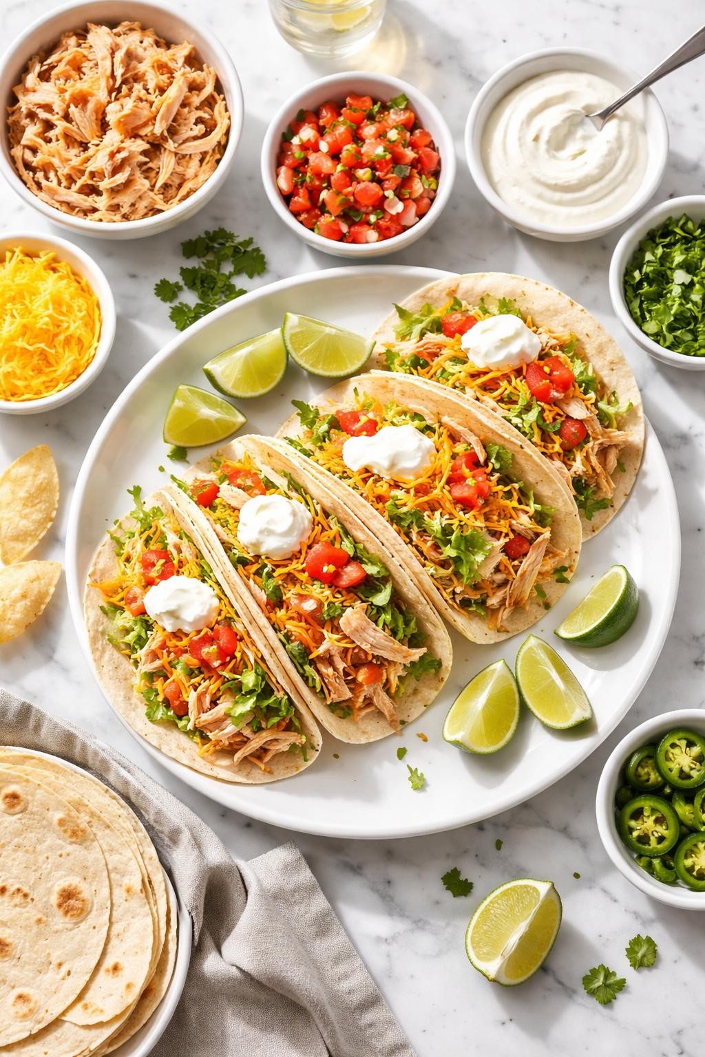 Prompt: Top-down realistic editorial food photography of rotisserie chicken tacos on a clean white and gray marble countertop, warm tortillas filled with shredded chicken, lettuce, diced tomatoes, cheese, and sour cream, colorful easy homemade taco night presentation, bright natural daylight, soft shadows, clean composition, high detail, realistic food texture, no people, no hands, no text, no watermarks, no props with writing.