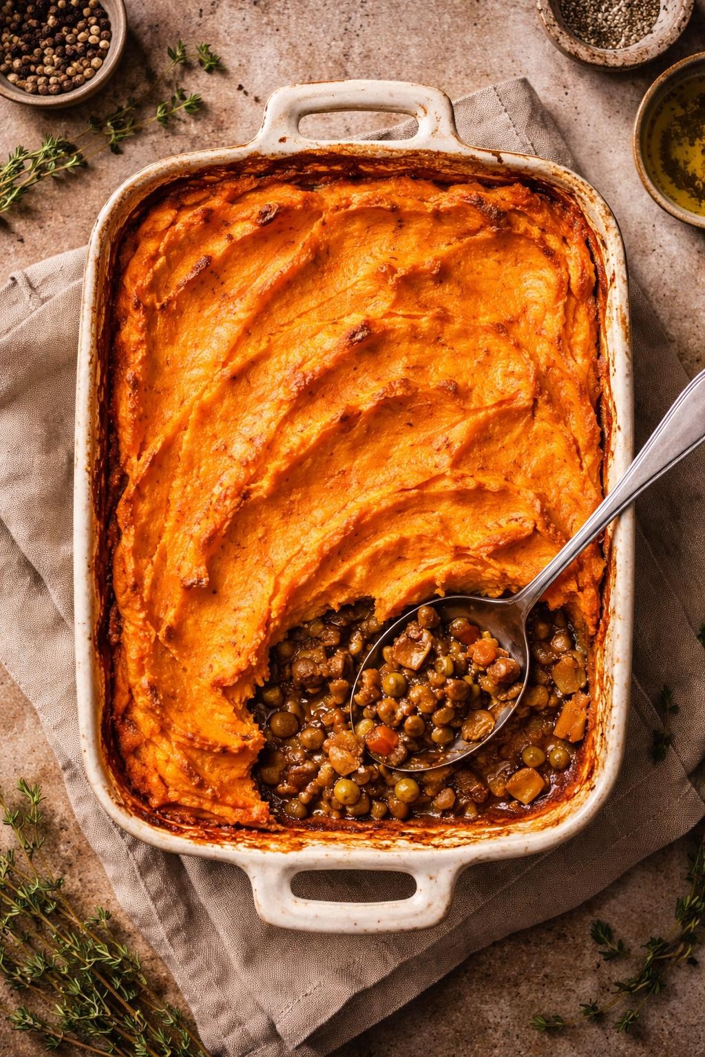 Photo prompt: Realistic top-down editorial food photography of a ceramic baking dish filled with shepherd's pie. The top is a thick layer of mashed sweet potatoes, slightly browned at the edges. A spoon cuts through to reveal a hearty lentil and vegetable filling below. Warm, rustic plant-based dinner mood. No people, no hands, no text, no watermarks, no props with writing.