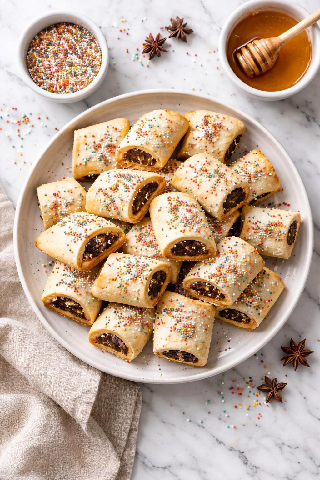 An overheard picture view of a plate of  Cuccidati  sitting on a marble countertop table in the kitchen, professional food photography style.
