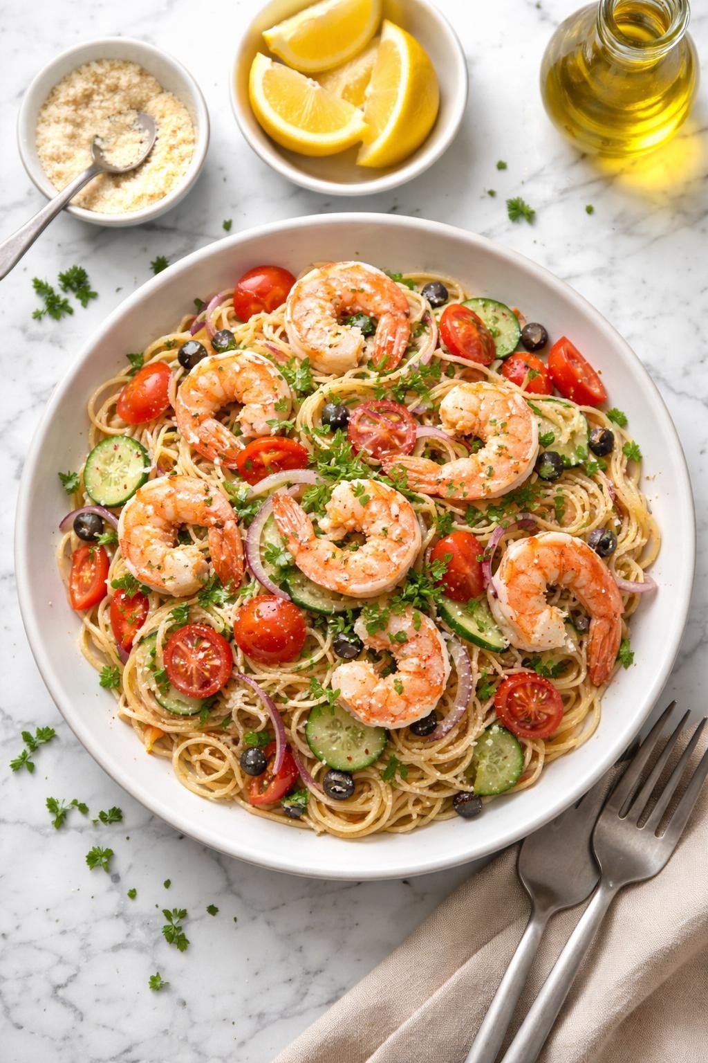 An overheard picture view of a plate of  Cold Spaghetti Salad with Shrimp  sitting on a marble countertop table in the kitchen, professional food photography style.
