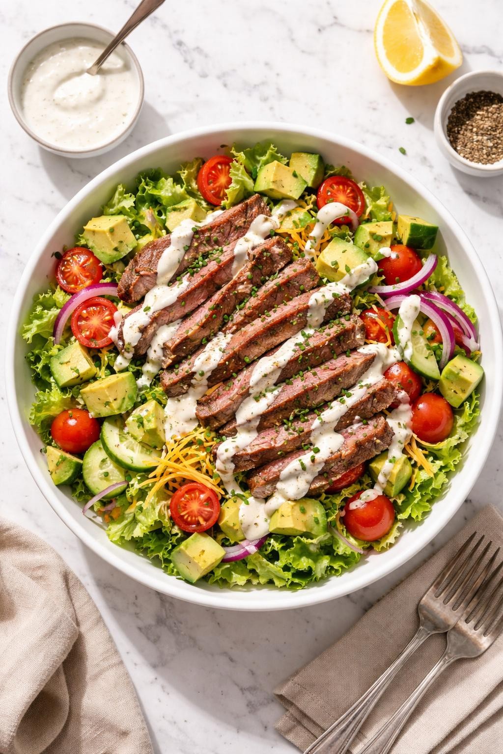 Image Prompt: Realistic top-down editorial food photography of a steak and avocado ranch salad in a large white bowl on a clean marble countertop, sliced steak over romaine lettuce with avocado chunks, cherry tomatoes, cucumber, red onion, shredded cheddar, and creamy ranch dressing drizzled over the top, bright natural daylight, soft shadows, realistic textures, cozy dinner mood, no people, no hands, no text, no watermarks, no props with writing.