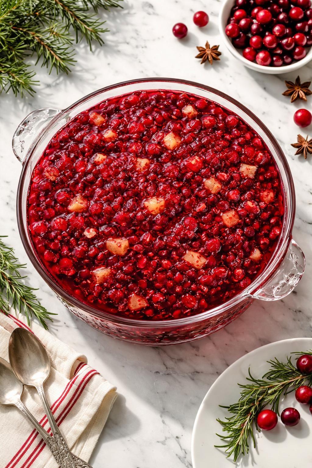 Image Prompt: Realistic top-down editorial food photography of cranberry Jello salad in a glass serving dish on a white marble countertop, deep red cranberry gelatin salad with crushed pineapple and chopped cranberries visible inside, festive holiday table feel, bright natural daylight, soft shadows, high detail, realistic food texture, no people, no hands, no text, no watermarks, no props with writing.