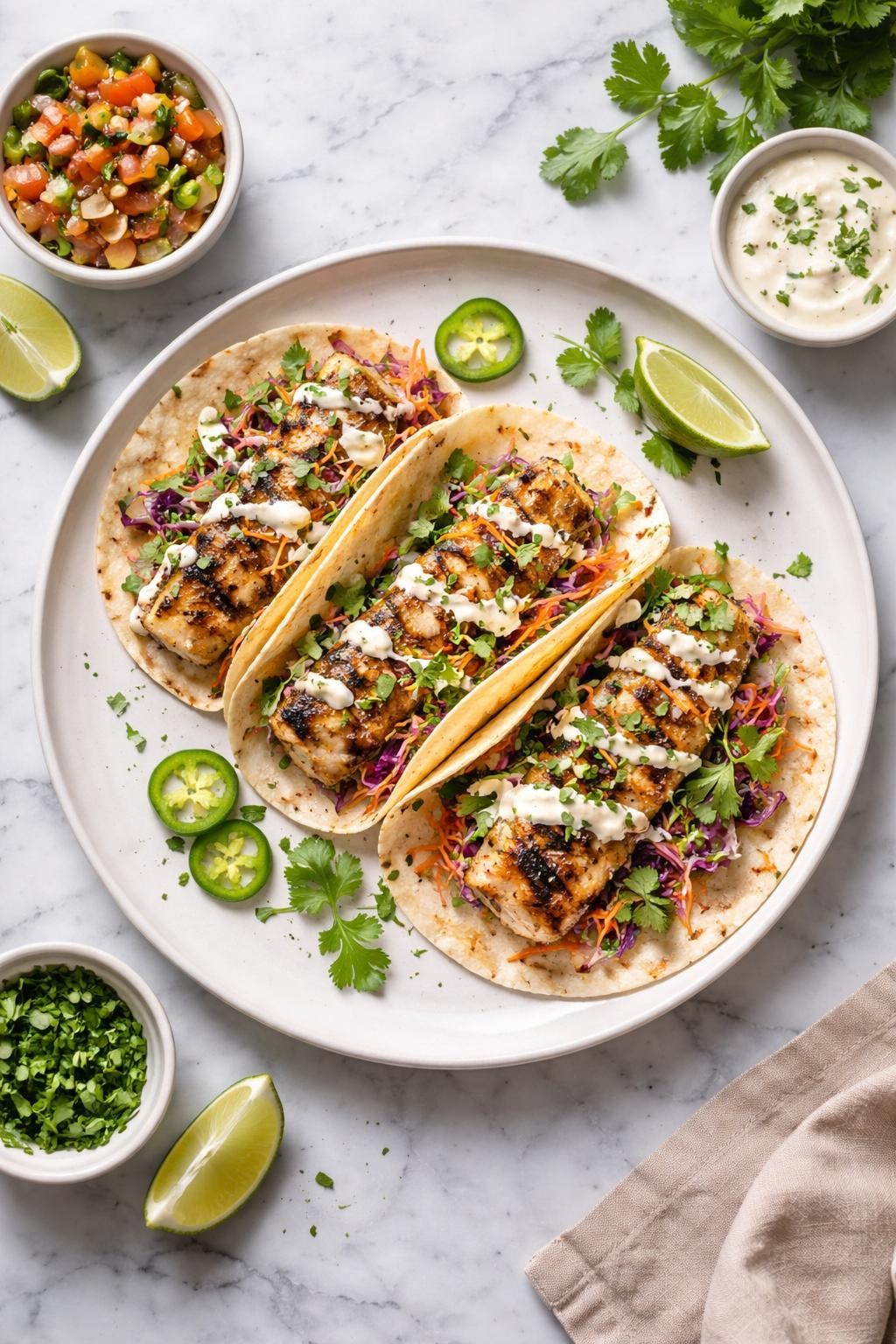 An overheard picture view of a plate of Grilled Fish Tacos with Cabbage Slaw sitting on a marble countertop table in the kitchen, professional food photography style.