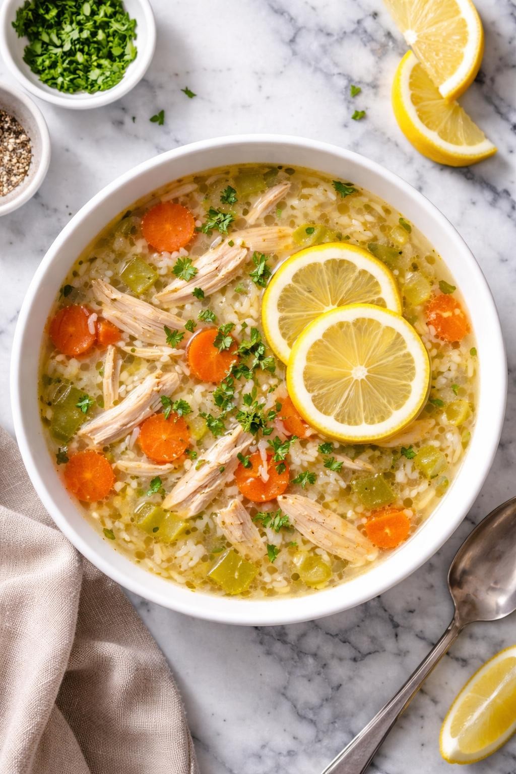 Image Prompt: Realistic top-down editorial food photography of a bowl of lemon chicken and rice soup on a clean white and gray marble countertop, light golden broth with shredded chicken, white rice, carrots, celery, fresh lemon slices, and chopped parsley, simple white bowl, bright natural window lighting, soft shadows, clean composition, high detail, realistic food texture, no people, no hands, no text, no watermarks, no props with writing.