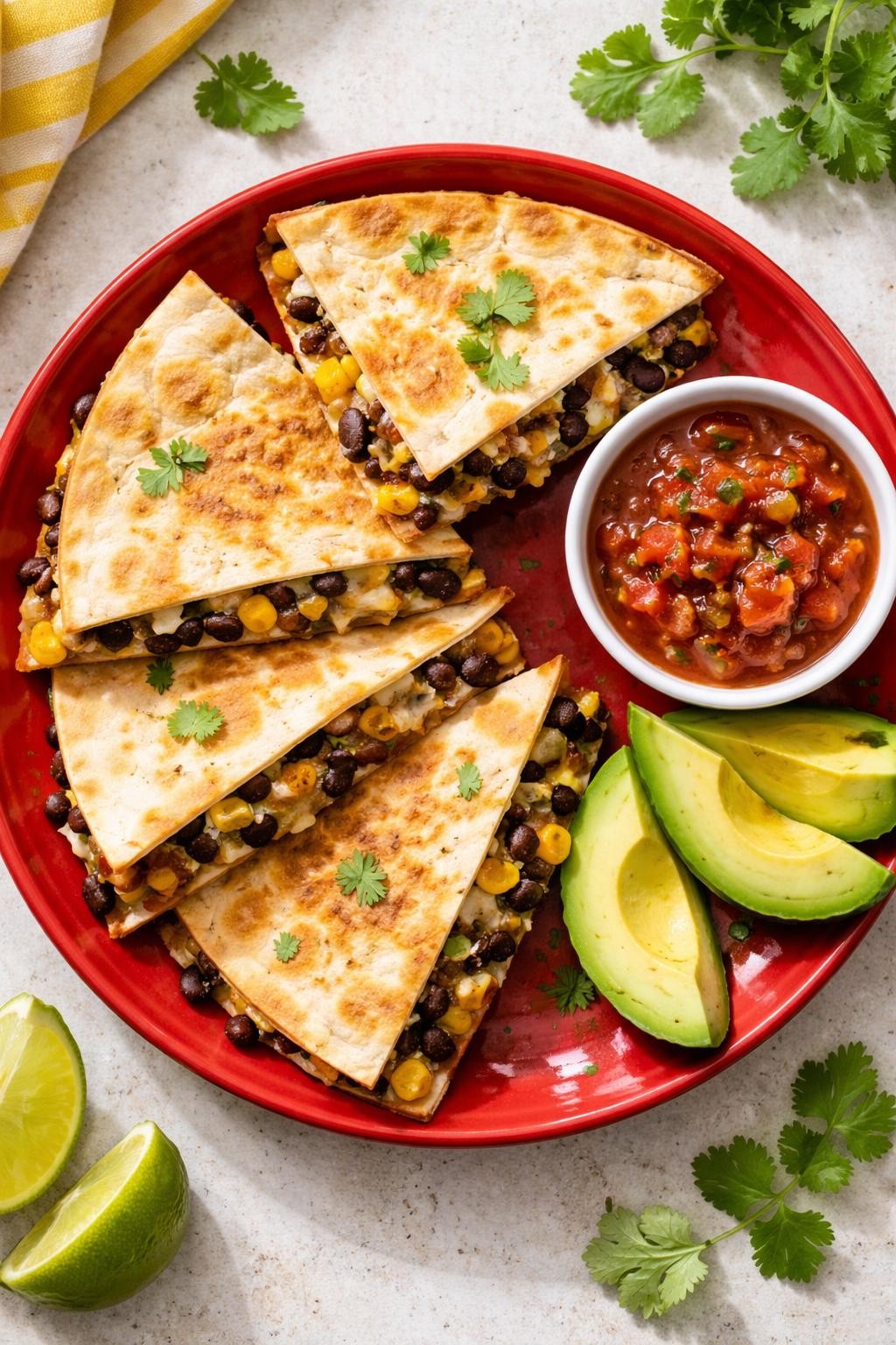 Photo prompt: Realistic top-down food photography of two crispy flour tortilla quesadillas cut into wedges on a red ceramic plate. The filling shows black beans, corn, melted Monterey Jack cheese, and a few cilantro leaves. A small bowl of salsa and sliced avocado on the side. Bright natural light, quick kid-friendly dinner mood. No people, no hands, no text, no watermarks, no props with writing.