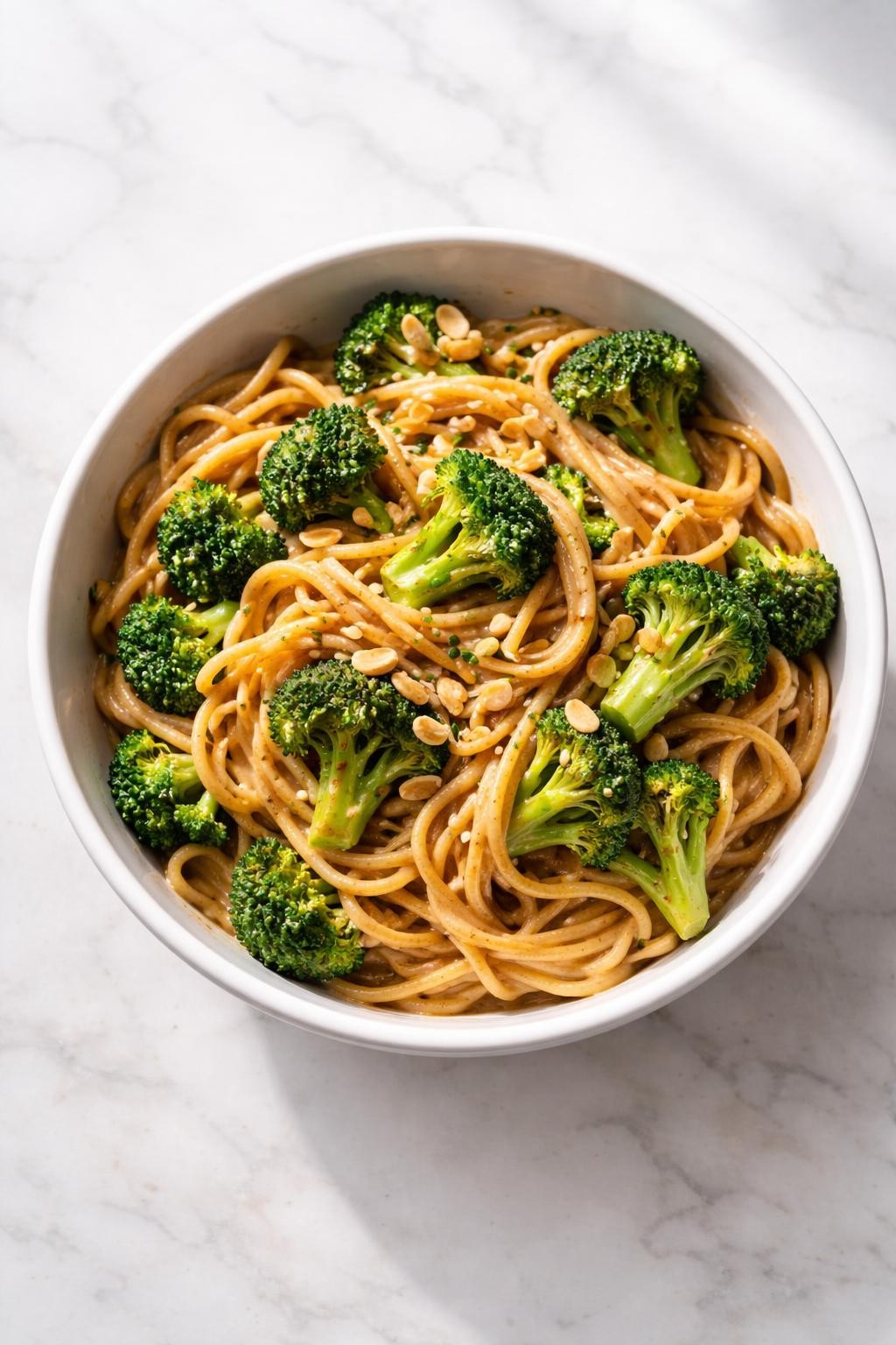 Image Prompt: Realistic top-down editorial food photography of vegan broccoli peanut noodles in a white bowl on a clean marble countertop, noodles tossed with broccoli in a creamy peanut sauce, easy homemade dinner mood, bright natural window light, no people, no hands, no text, no watermarks, no props with writing.
