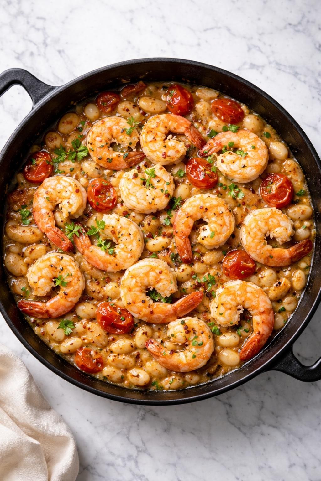 Image Prompt: Realistic top-down editorial food photography of Italian shrimp with white beans in a skillet on a clean marble countertop, shrimp cooked with creamy white beans, garlic, tomatoes, olive oil, and herbs, bright natural daylight, simple hearty homemade dinner mood, no people, no hands, no text, no watermarks, no props with writing.
