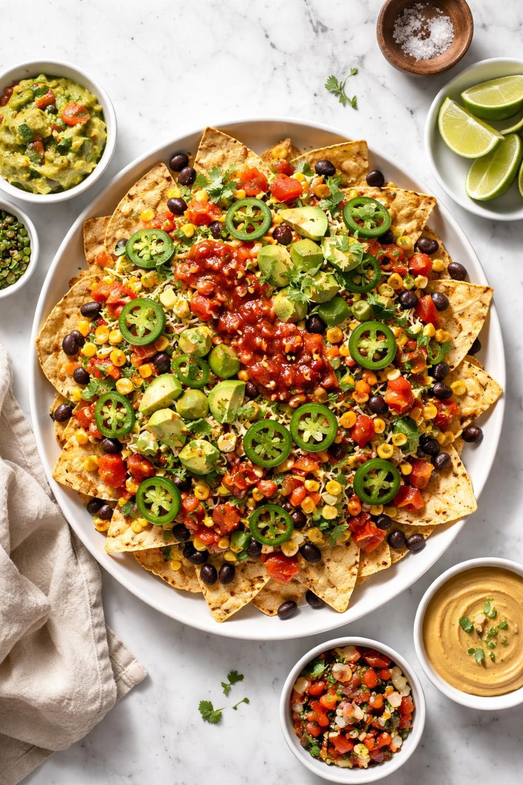 Image Prompt: Realistic top-down editorial food photography of vegan nachos on a white marble countertop, tortilla chips topped with black beans, corn, diced tomatoes, jalapeños, avocado, salsa, and vegan cheese, colorful homemade snack dinner styling, natural daylight, soft shadows, clean editorial composition, high detail, realistic texture, no people, no hands, no text, no watermarks, no props with writing.