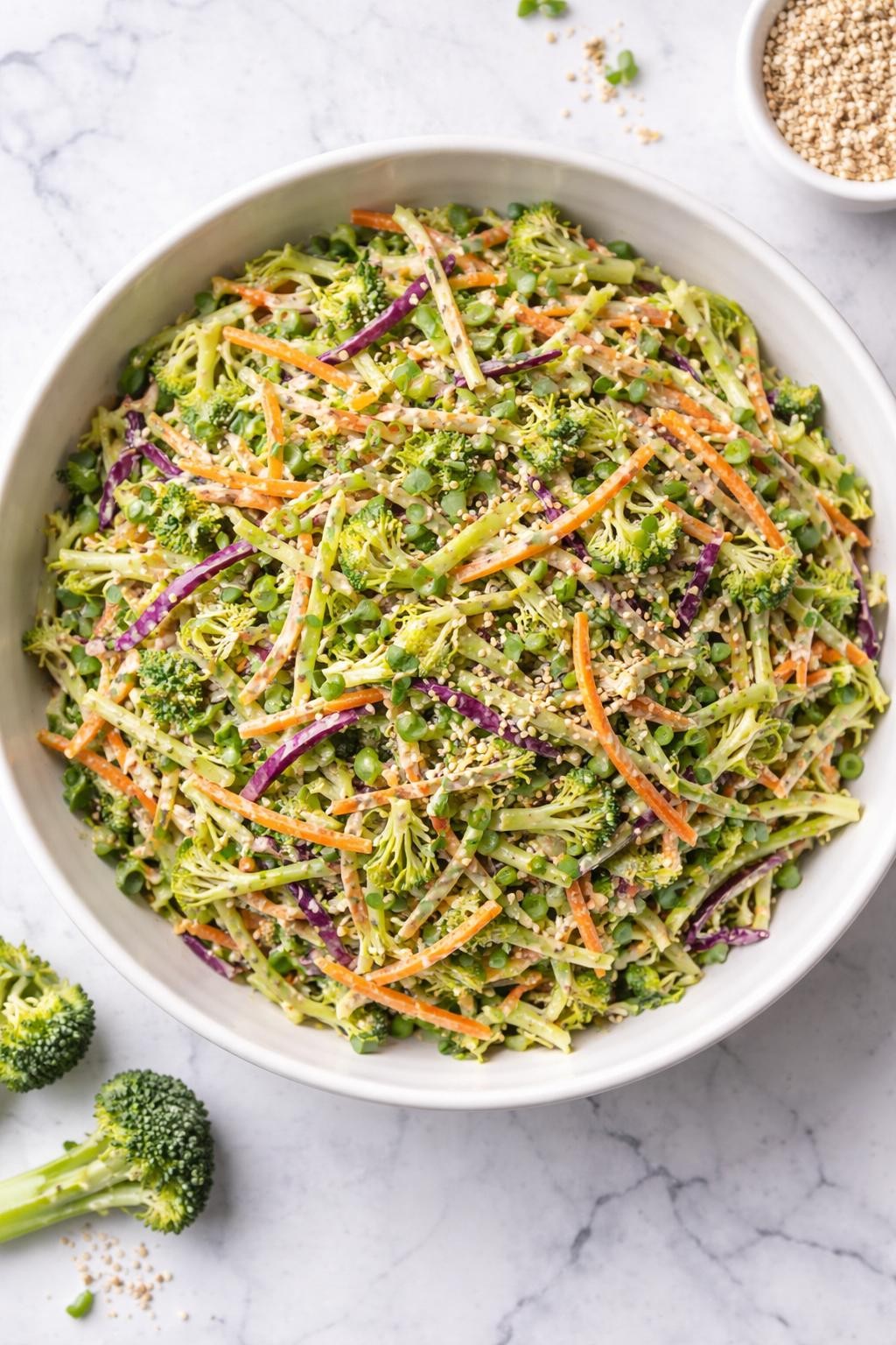 Image Prompt: Realistic top-down editorial food photography of vegan broccoli slaw in a wide white bowl on a white marble countertop, shredded broccoli stems and carrots in a light creamy dressing, fresh crunchy side dish styling, bright natural daylight, no people, no hands, no text, no watermarks, no props with writing.