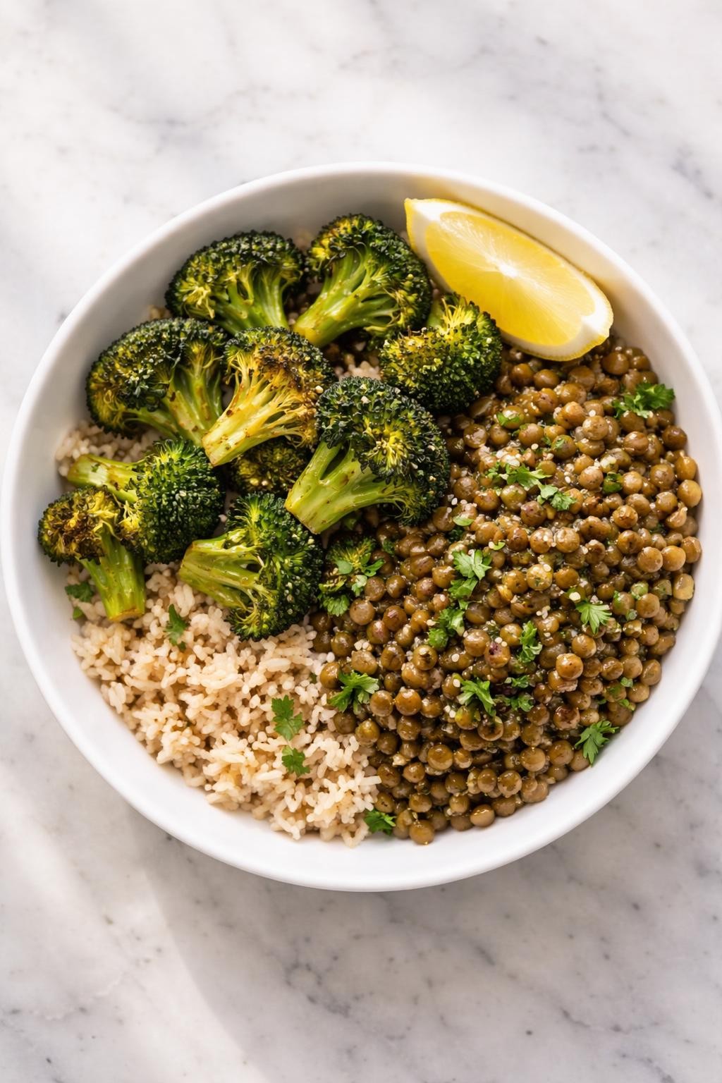 Image Prompt: Realistic top-down editorial food photography of a vegan broccoli and lentil bowl in a white bowl on a clean marble countertop, tender lentils with roasted broccoli and grains, simple healthy dinner styling, bright natural window light, no people, no hands, no text, no watermarks, no props with writing.