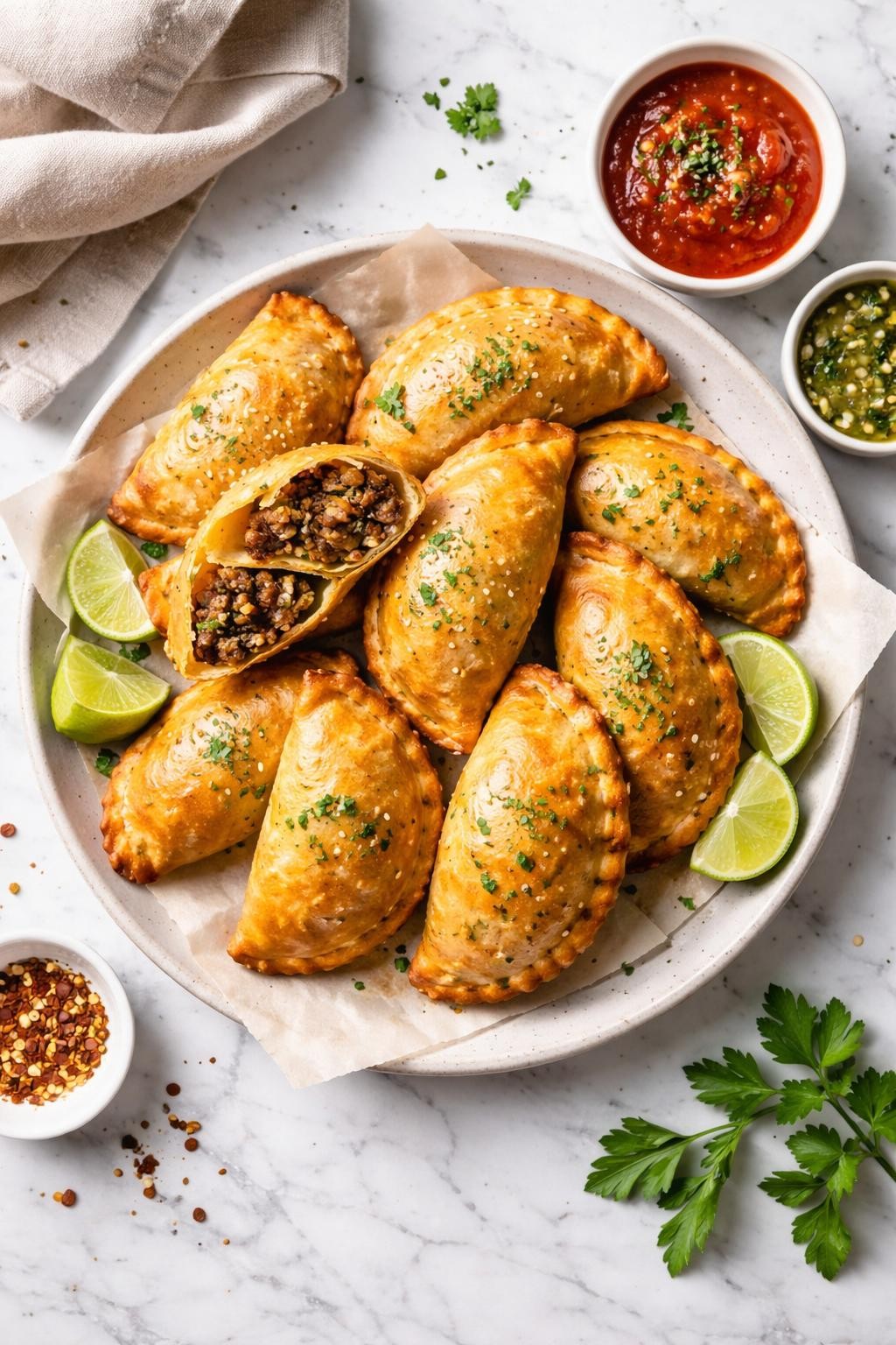 An overheard picture view of a plate of   Empanadas de Carne sitting on a marble countertop table in the kitchen, professional food photography style.
