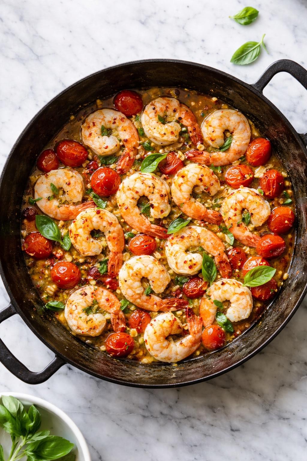 Image Prompt: Realistic top-down editorial food photography of Italian shrimp and tomato skillet on a clean marble countertop, shrimp cooked with cherry tomatoes, garlic, olive oil, basil, and a light pan sauce in a rustic skillet, bright natural daylight, simple homemade dinner mood, no people, no hands, no text, no watermarks, no props with writing.