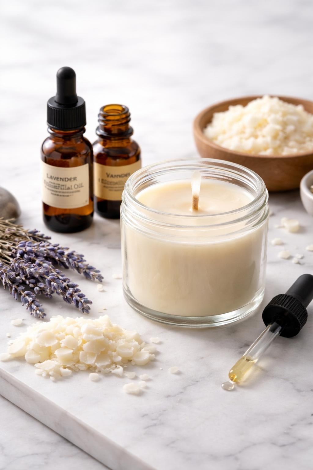 A realistic close-up photo of a homemade candle scent setup for lavender vanilla on a clean white marble countertop table. Small amber bottles of lavender essential oil and vanilla fragrance oil sit beside a clear glass jar candle with creamy wax and a centered wick. Soy wax flakes, a small dropper, and a few lavender sprigs are placed neatly around the candle. Bright natural light, crisp detail, realistic texture, clean minimal setup, strong focus on the candle and scent ingredients, no people, no text, (no watermarks on images)