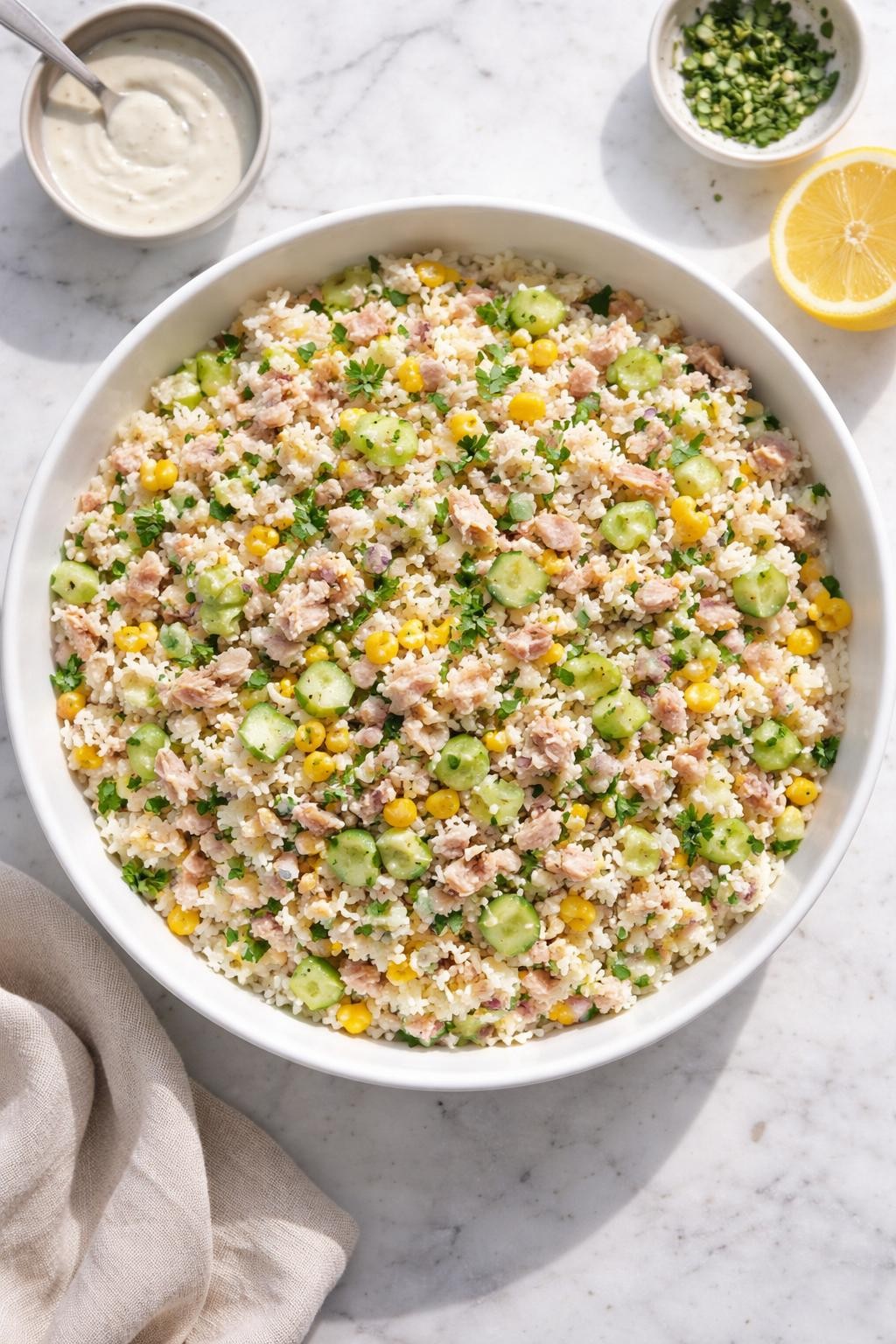 Image Prompt: Realistic top-down editorial food photography of a tuna rice salad in a white serving bowl on a clean marble countertop, fluffy rice mixed with flaked tuna, cucumber, sweet corn, chopped celery, red onion, and a light creamy dressing, bright natural window light, soft shadows, clean homemade meal styling, high detail, realistic food textures, no people, no hands, no text, no watermarks, no props with writing.