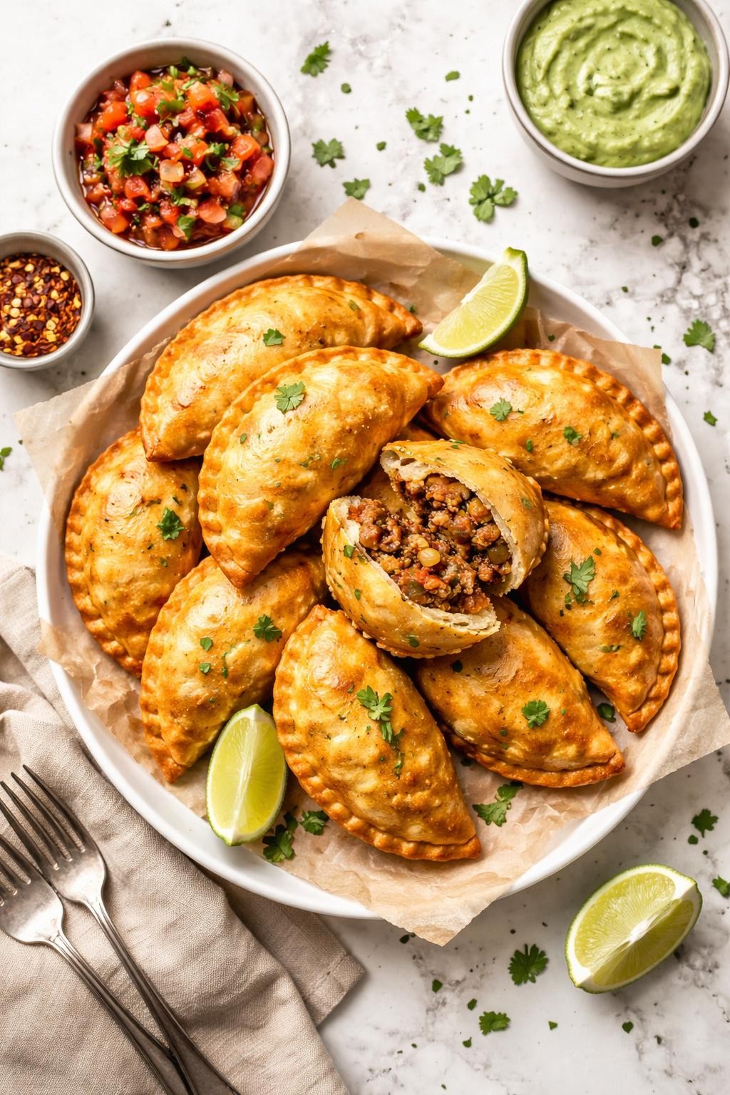 An overheard picture view of a plate of  Picadillo Empanadas  sitting on a marble countertop table in the kitchen, professional food photography style.
