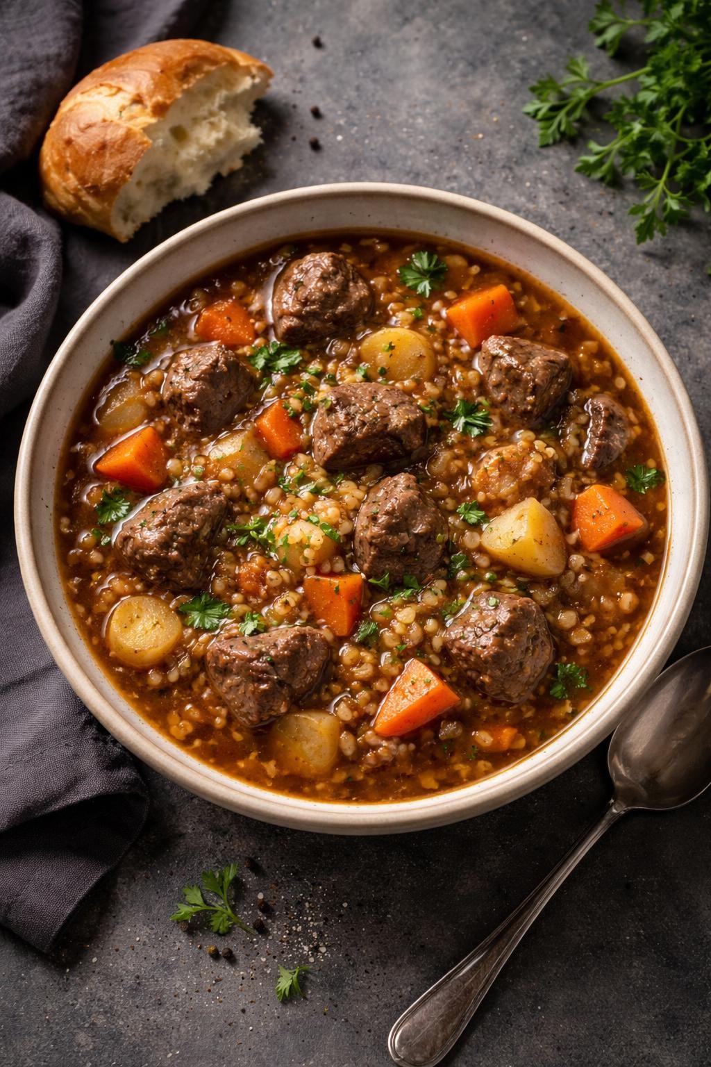Photo prompt: Realistic top-down editorial food photography of a deep bowl of thick beef and barley stew on a dark gray countertop. Chunks of beef, pearled barley, carrots, and potatoes in a rich brown broth. A sprinkle of fresh parsley. A bread roll on the side. Warm, hearty winter dinner mood. No people, no hands, no text, no watermarks, no props with writing.
