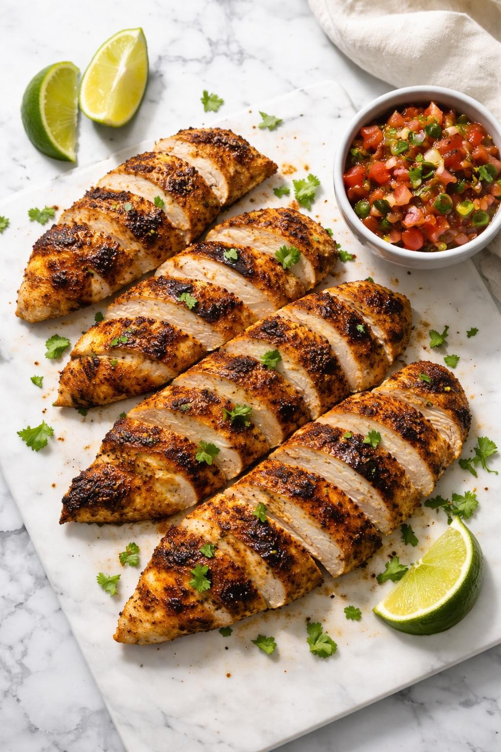 Image Prompt: Realistic top-down editorial food photography of sliced Mexican grilled chicken breast on a clean white and gray marble countertop, juicy grilled chicken with dark grill marks, seasoned with lime juice, garlic, cumin, chili powder, and paprika, fresh cilantro scattered on top, lime wedges and a small bowl of salsa nearby, bright natural daylight, warm homemade dinner mood, clean composition, high detail, realistic food texture, no people, no hands, no text, no watermarks, no props with writing.