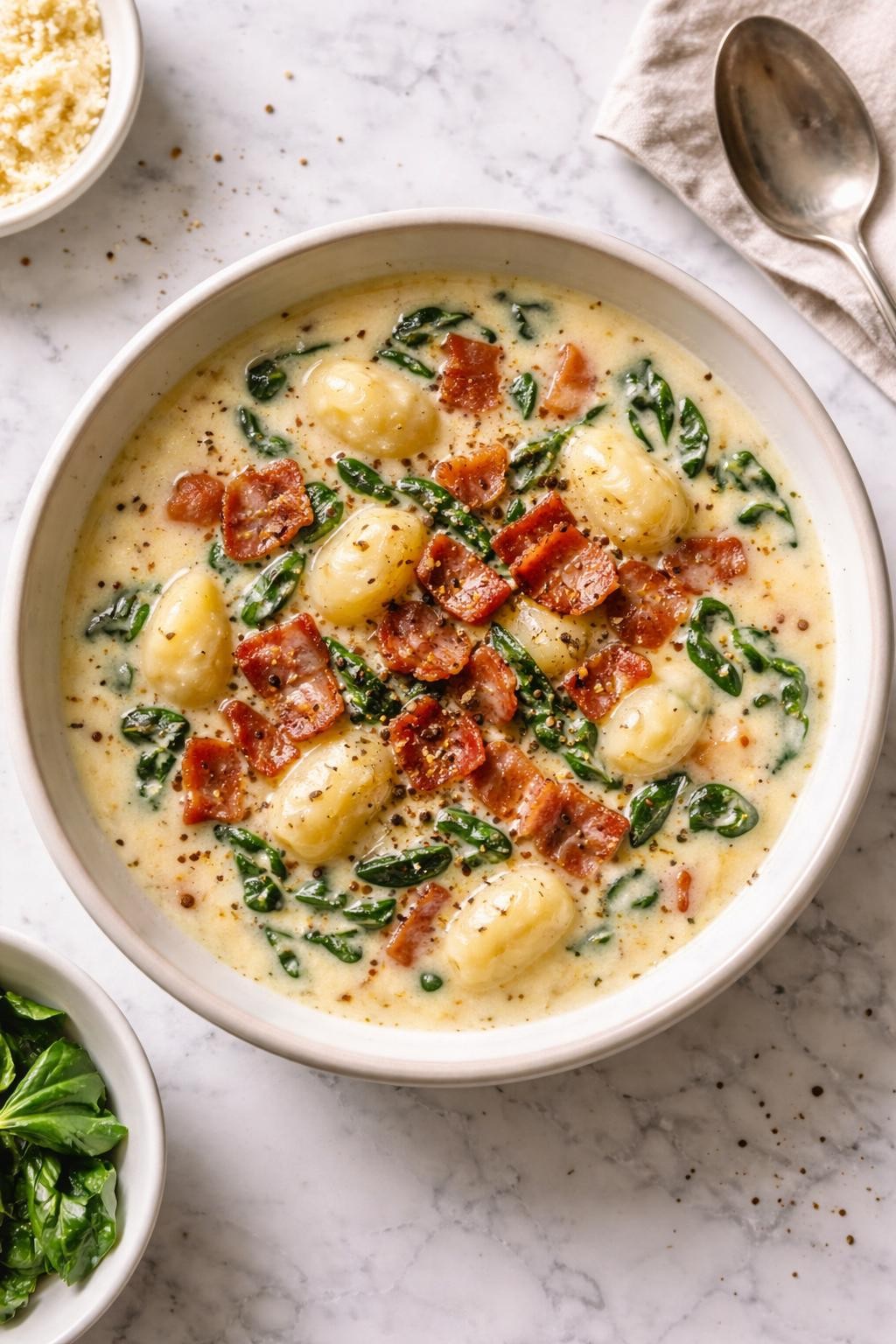 Image Prompt: Realistic top-down editorial food photography of creamy bacon gnocchi soup in a simple ceramic bowl on a clean marble countertop, creamy pale golden soup with soft gnocchi, crispy bacon pieces, chopped spinach, and black pepper, cozy homemade comfort food styling, bright natural light, soft shadows, no people, no hands, no text, no watermarks, no props with writing.