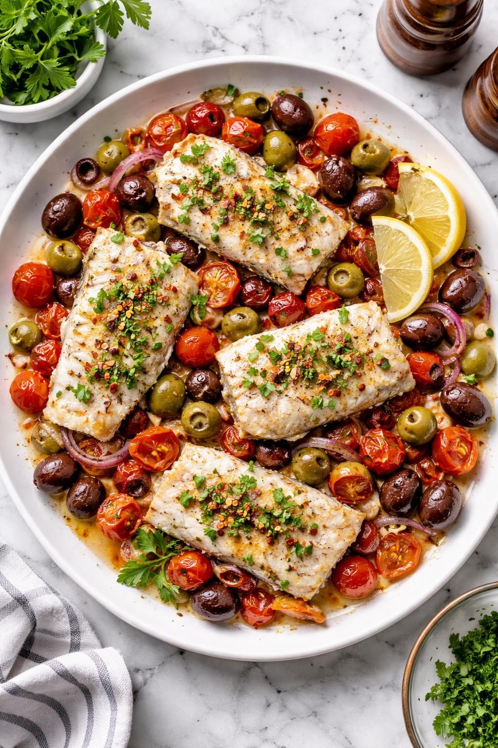 An overheard picture view of a plate of Mediterranean Baked Cod with Olives and Tomatoes sitting on a marble countertop table in the kitchen, professional food photography style.
