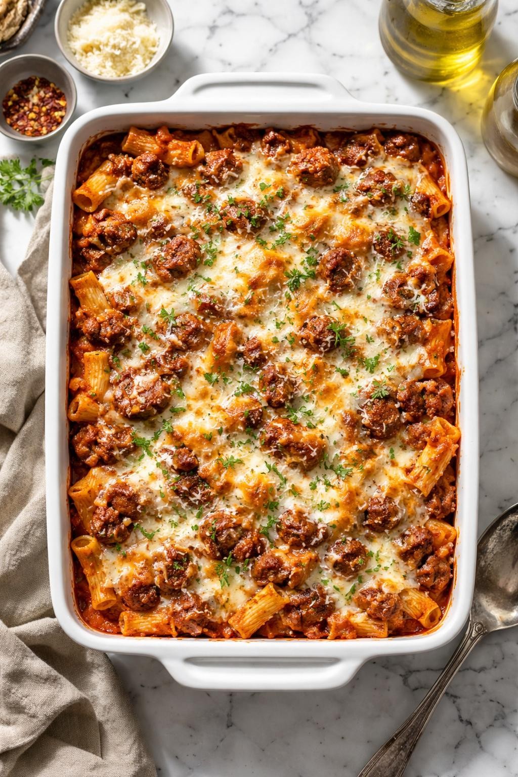 Image Prompt: Realistic top-down editorial food photography of sweet Italian sausage parmesan casserole in a baking dish on a clean white and gray marble countertop, pasta baked with sweet Italian sausage, tomato sauce, melted mozzarella, parmesan, and herbs, golden top, bright natural light, soft shadows, cozy family dinner styling, high detail, realistic food texture, no people, no hands, no text, no watermarks, no props with writing.