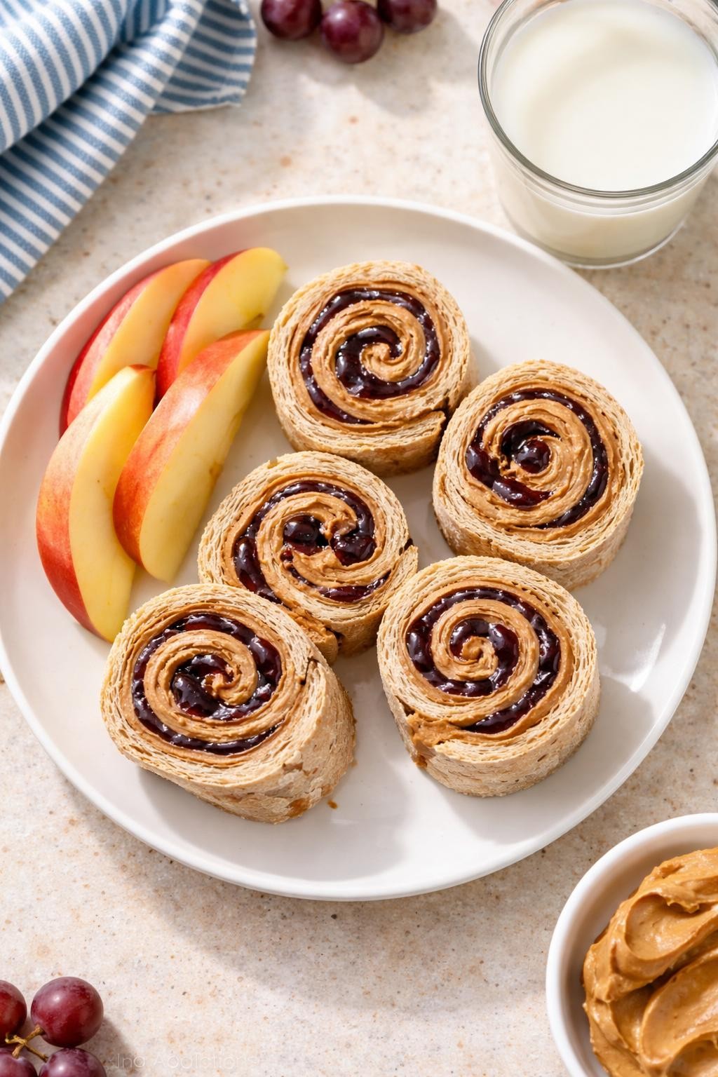 "Realistic top-down food photography of a white plate with four peanut butter and jelly roll-ups on a kitchen counter. Each roll-up is a flattened sandwich cut into pinwheels, showing the swirl of peanut butter and grape jelly. A side of apple slices and a small cup of milk. Bright natural light, fun twist on a classic lunch-for-dinner, no people, no hands, no text, no watermarks."