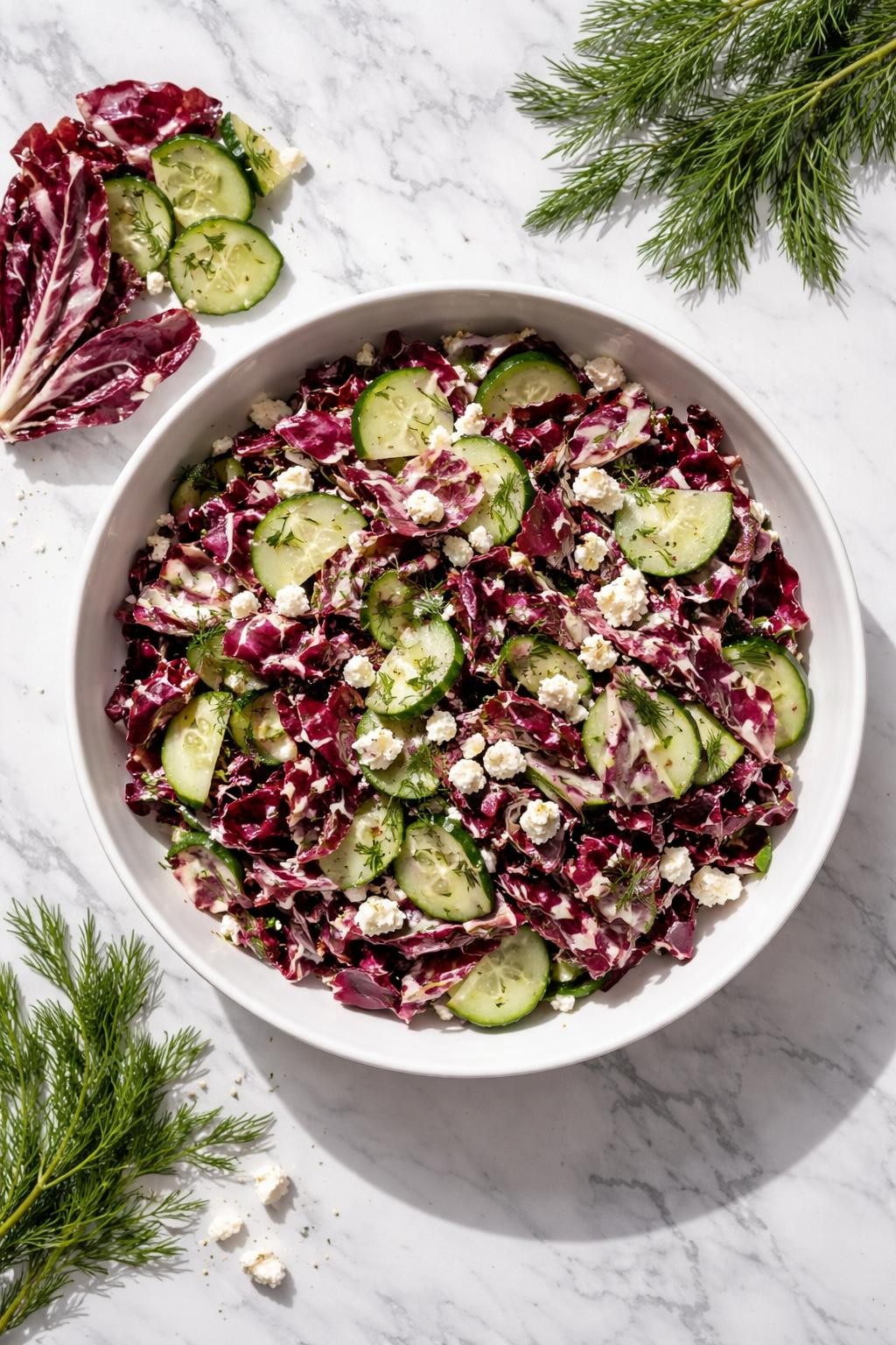 Image Prompt: Realistic top-down editorial food photography of a radicchio salad with cucumber and dill in a white bowl on a clean marble countertop, chopped radicchio with cucumber slices, fresh dill, feta crumbles, and light yogurt dressing, bright natural daylight, soft shadows, clean composition, high detail, realistic food texture, no people, no hands, no text, no watermarks, no props with writing.