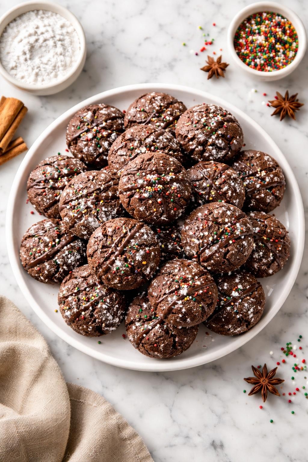 An overheard picture view of a plate of Italian Chocolate Spice Cookies   sitting on a marble countertop table in the kitchen, professional food photography style.
