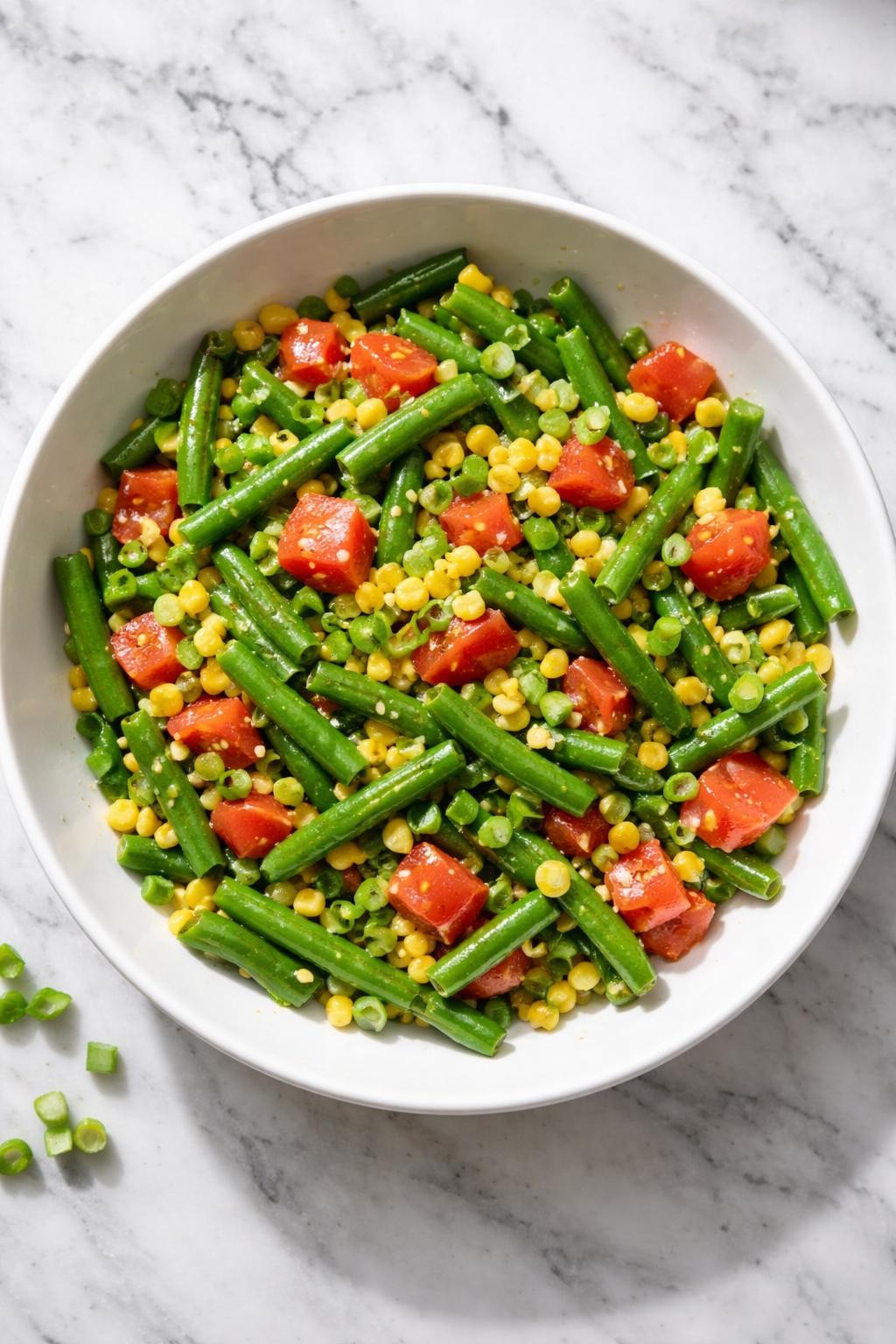 Image Prompt: Realistic top-down editorial food photography of a cold green bean salad with corn and tomatoes in a wide white bowl on a white and gray marble countertop, chilled green beans tossed with sweet corn, diced tomatoes, green onion, and light vinaigrette, bright natural daylight, soft shadows, clean editorial food styling, realistic textures, no people, no hands, no text, no watermarks, no props with writing.