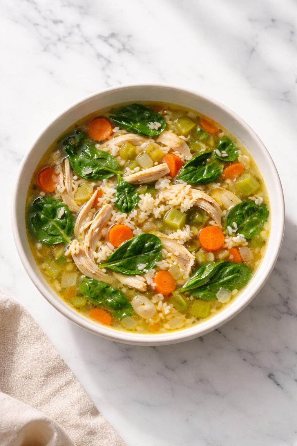 Image Prompt: Realistic top-down editorial food photography of a bowl of chicken and rice soup with spinach on a clean white marble countertop, golden broth with shredded chicken, white rice, carrots, celery, onion, and fresh spinach, simple neutral bowl, bright natural window lighting, soft shadows, clean composition, high detail, realistic food texture, no people, no hands, no text, no watermarks, no props with writing.