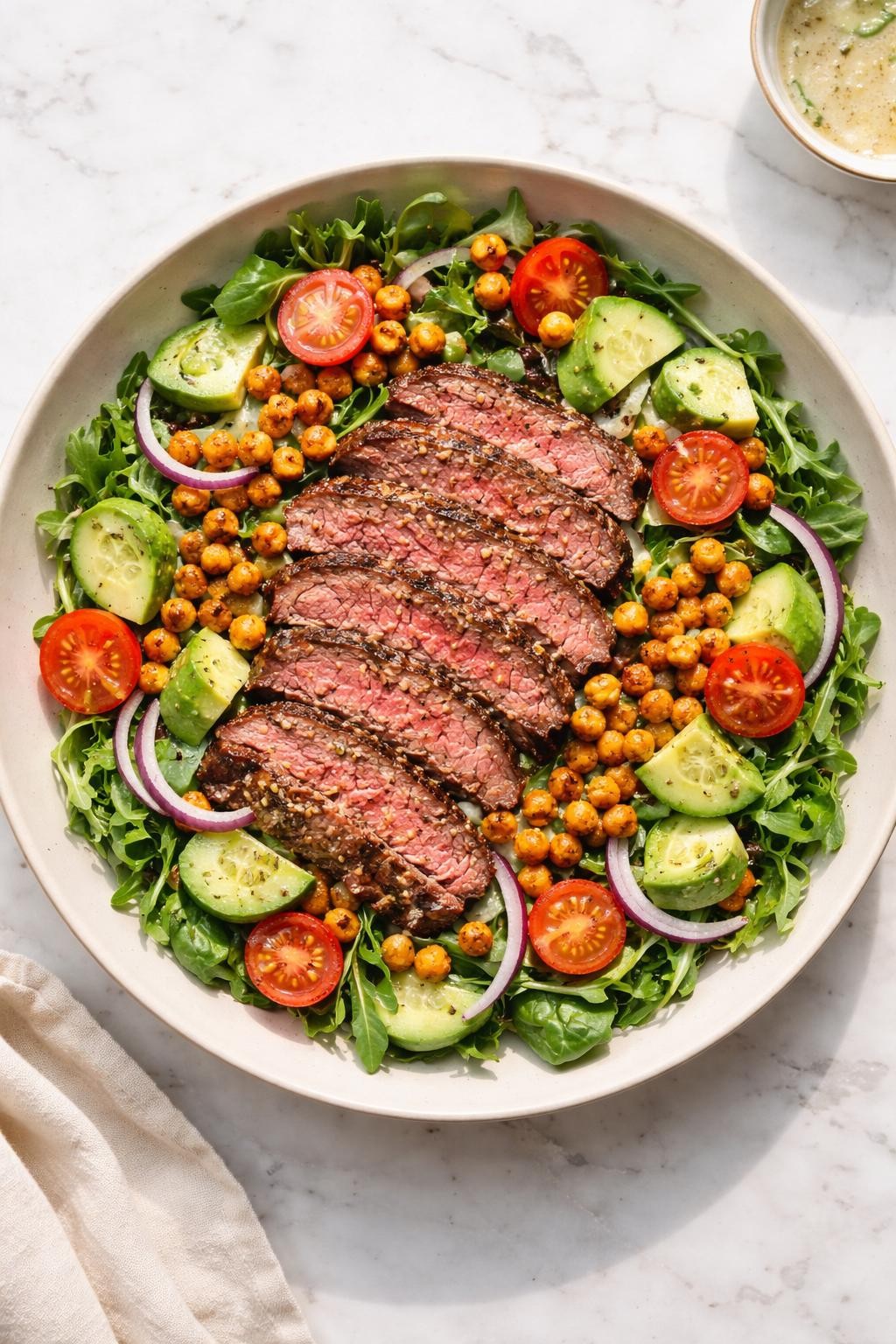 Image Prompt: Realistic top-down editorial food photography of a steak salad with crispy chickpeas in a shallow neutral bowl on a white marble countertop, sliced steak over mixed greens with cherry tomatoes, cucumber, red onion, avocado, and golden roasted crispy chickpeas scattered across the top, light lemon vinaigrette, bright natural daylight, soft shadows, clean editorial composition, realistic food texture, high detail, no people, no hands, no text, no watermarks, no props with writing.