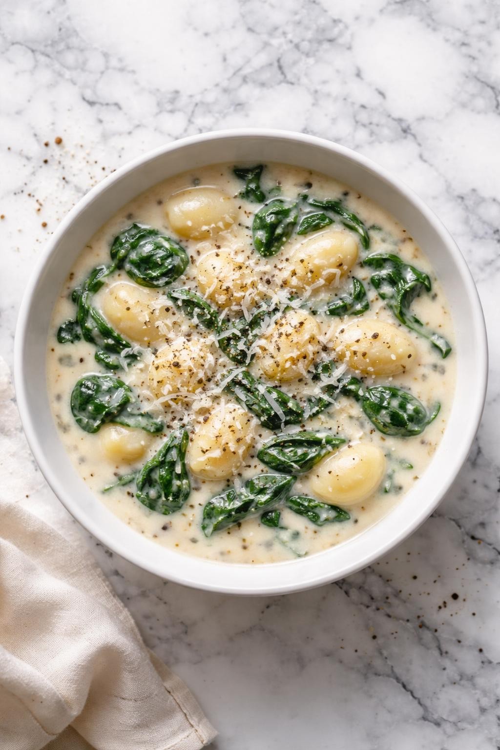 Image Prompt: Realistic top-down editorial food photography of creamy spinach gnocchi soup in a simple white bowl on a white and gray marble countertop, creamy pale soup with soft gnocchi and wilted spinach, topped with black pepper and parmesan, warm homemade comfort styling, bright natural light, soft shadows, no people, no hands, no text, no watermarks, no props with writing.