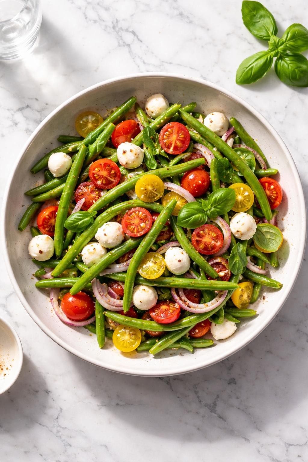 Image Prompt: Realistic top-down editorial food photography of an Italian-style cold green bean salad in a shallow neutral bowl on a marble countertop, chilled green beans with cherry tomatoes, mozzarella pearls, red onion, basil, and light Italian dressing, bright natural daylight, soft shadows, clean editorial styling, realistic textures, no people, no hands, no text, no watermarks, no props with writing.