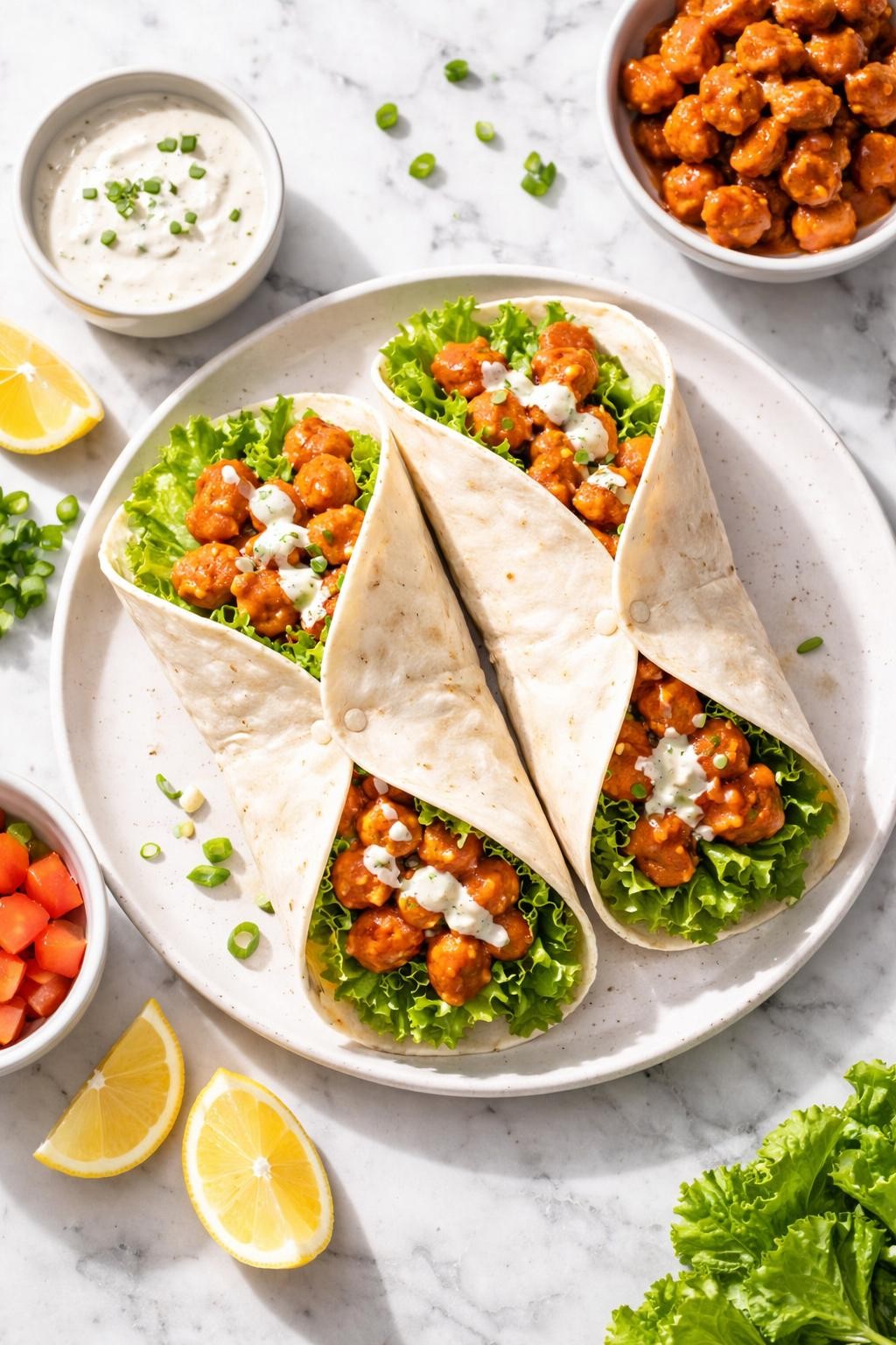 Image Prompt: Realistic top-down editorial food photography of buffalo soy curl wraps on a clean white and gray marble countertop, soft wraps filled with spicy buffalo soy curls, lettuce, tomatoes, and creamy dairy-free ranch, easy homemade vegan lunch mood, bright natural window lighting, soft shadows, clean composition, high detail, realistic food texture, no people, no hands, no text, no watermarks, no props with writing.