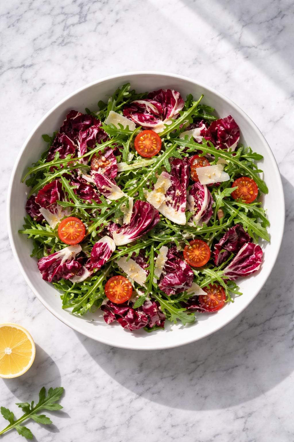Image Prompt: Realistic top-down editorial food photography of a radicchio and arugula salad in a wide white bowl on a clean white and gray marble countertop, torn radicchio leaves mixed with arugula, shaved parmesan, cherry tomatoes, and lemon vinaigrette, bright natural window light, soft shadows, clean composition, high detail, realistic food texture, no people, no hands, no text, no watermarks, no props with writing.