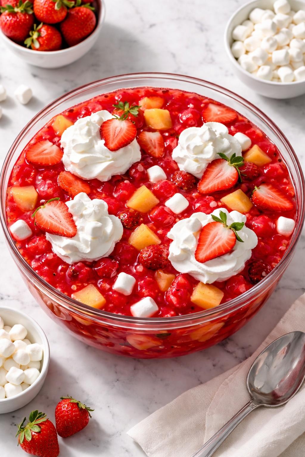 Image Prompt: Realistic top-down editorial food photography of strawberry jello fruit salad in a clear glass serving bowl on a clean white and gray marble countertop, bright red jello mixed with sliced strawberries, pineapple chunks, mini marshmallows, and whipped topping, chilled potluck dessert styling, bright natural window lighting, soft shadows, clean composition, high detail, realistic food texture, no people, no hands, no text, no watermarks, no props with writing.